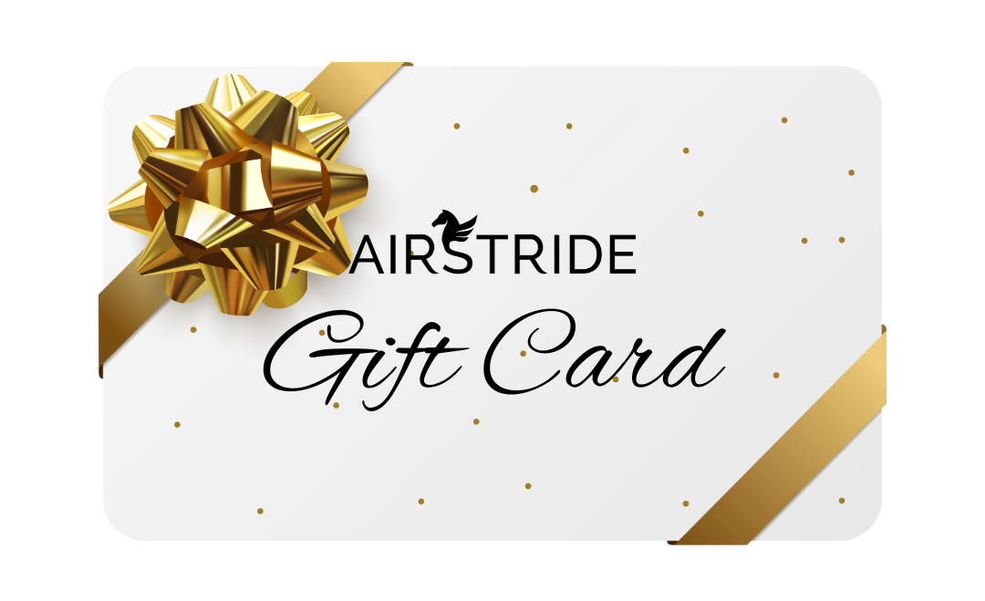 Gift card with a gold bow and 'Airstride' branding on a white background